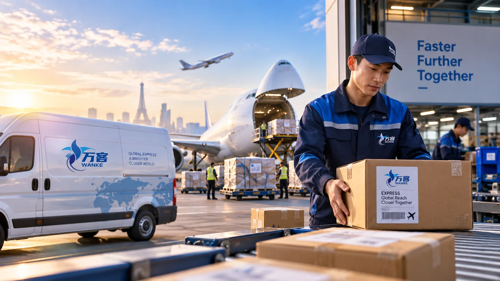 International express courier from China with delivery truck and parcels
